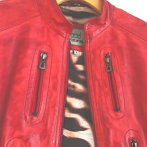 Leather cropped jacket in deep red.